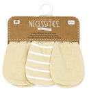 Tan baby scratch mitts 3-pack for ages 0-6 months, featuring solid and striped designs on a hanging card.