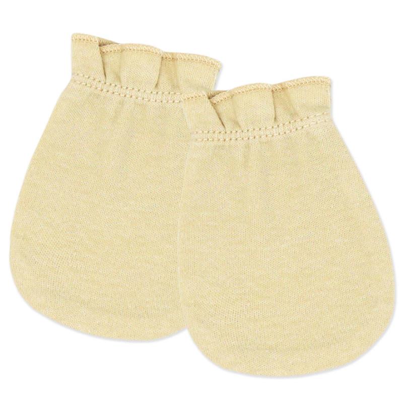 Tan mitts for infants, part of the Rose Textiles 3-Pack, designed for ages 0 to 6 months.