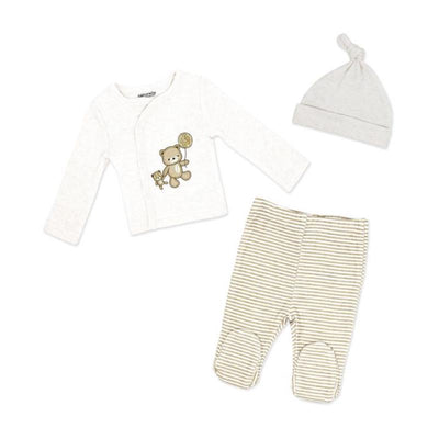 Beige 3-piece baby clothing set featuring a long-sleeve bear graphic top, striped pants, and a matching hat.