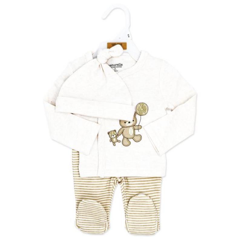 Beige infant clothing set featuring a long-sleeve top with bear graphics, matching striped pants, and a hat.