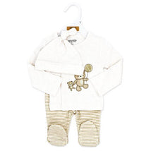 Beige infant clothing set featuring a long-sleeve top with bear graphics, matching striped pants, and a hat.
