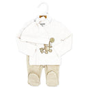 Beige infant clothing set featuring a long-sleeve top with bear graphics, matching striped pants, and a hat.