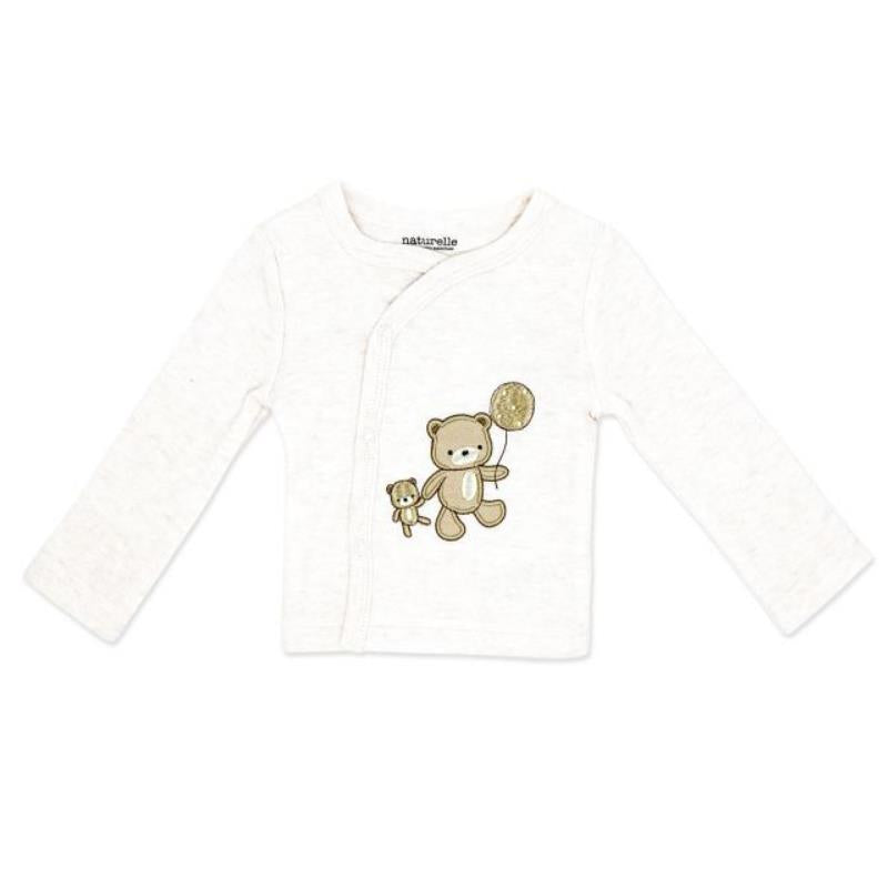 Beige baby long-sleeve shirt featuring a bear and a smaller bear holding a balloon design.