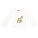 Beige baby long-sleeve shirt featuring a bear and a smaller bear holding a balloon design.