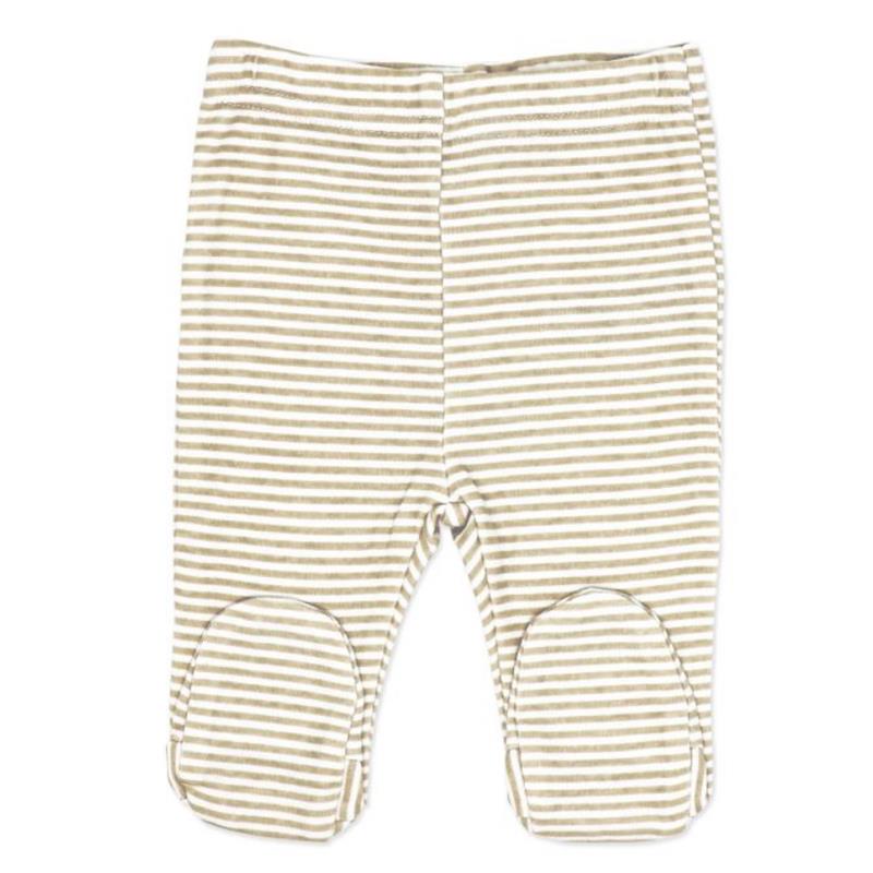 Beige striped baby leggings with footed design and knee patches, part of the Rose Textiles Naturelle Take Me Home set.