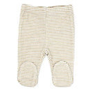Beige striped baby leggings with footed design and knee patches, part of the Rose Textiles Naturelle Take Me Home set.