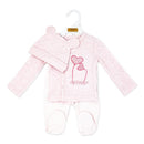 Three-piece baby outfit set in pink featuring a long-sleeve onesie, striped pants, and a matching hat with bear ears.