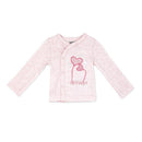 Light pink long-sleeve infant cardigan with heart designs and snap closures, part of the Rose Textiles Naturelle set.