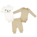 Three-piece baby clothing set featuring a short-sleeve bodysuit with animal design, long-sleeve bodysuit, and pants in beige tones.
