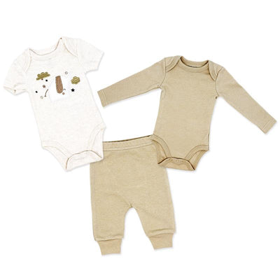 Three-piece baby clothing set featuring a short-sleeve bodysuit with animal design, long-sleeve bodysuit, and pants in beige tones.