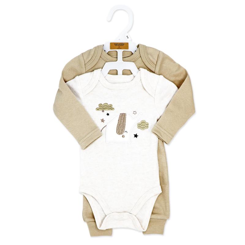 Three-pack of beige baby bodysuits featuring one with an elephant design and light cloud accents.