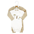 Three-pack of beige baby bodysuits featuring one with an elephant design and light cloud accents.