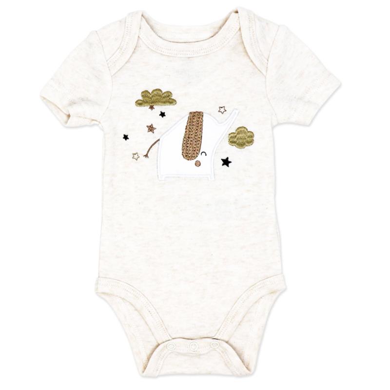 Beige short-sleeve onesie featuring an embroidered gray elephant with a brown tuft, stars, and clouds.