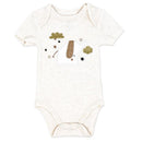 Beige short-sleeve onesie featuring an embroidered gray elephant with a brown tuft, stars, and clouds.