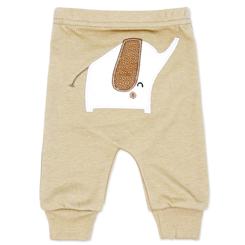 Beige baby pants featuring an elephant motif with a textured ear and smiling face.