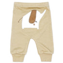 Beige baby pants featuring an elephant motif with a textured ear and smiling face.