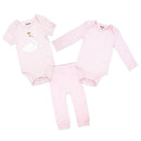 Three-piece baby set in pink, including a short-sleeve onesie with a swan design, a long-sleeve onesie, and pants.