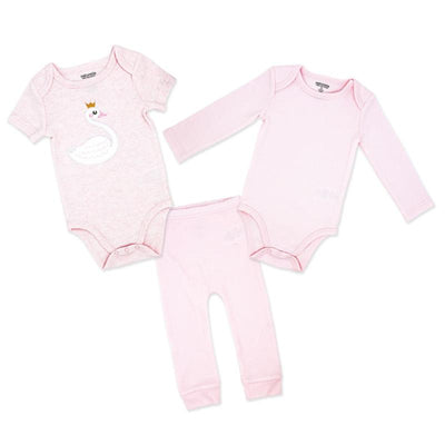 Three-piece baby set in pink, including a short-sleeve onesie with a swan design, a long-sleeve onesie, and pants.