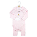 Pink baby bodysuit set featuring a swan with a crown design, from Rose Textiles Naturelle collection, on hangers.