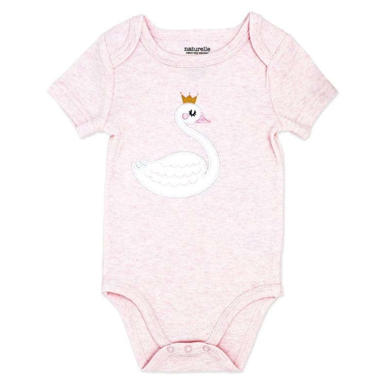 Pink short-sleeve onesie featuring an embroidered swan with a crown design.