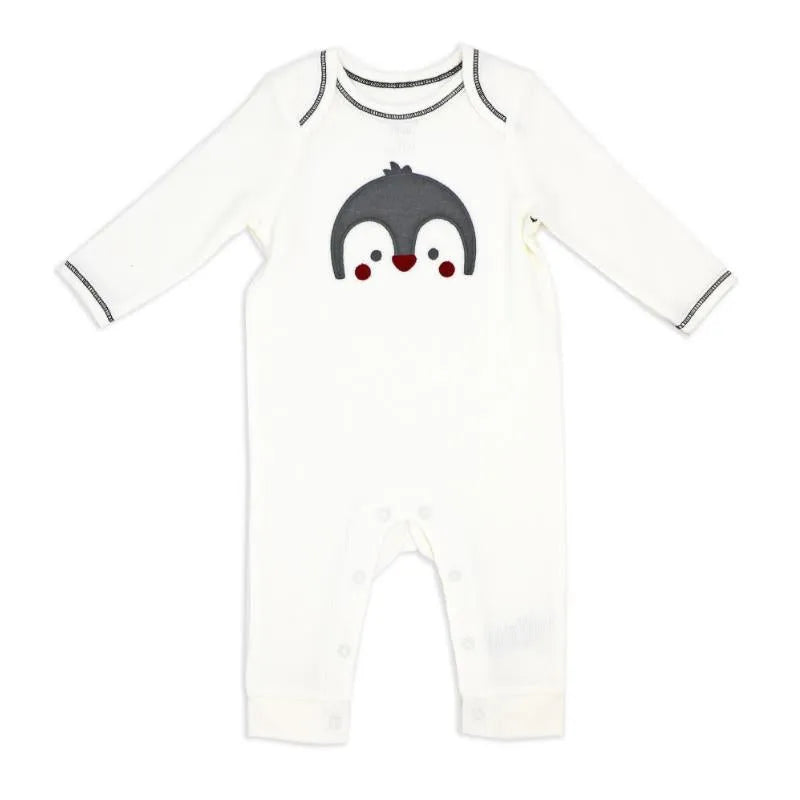 Neutral ivory coverall with a penguin design on the chest, featuring long sleeves and snap buttons at the bottom.