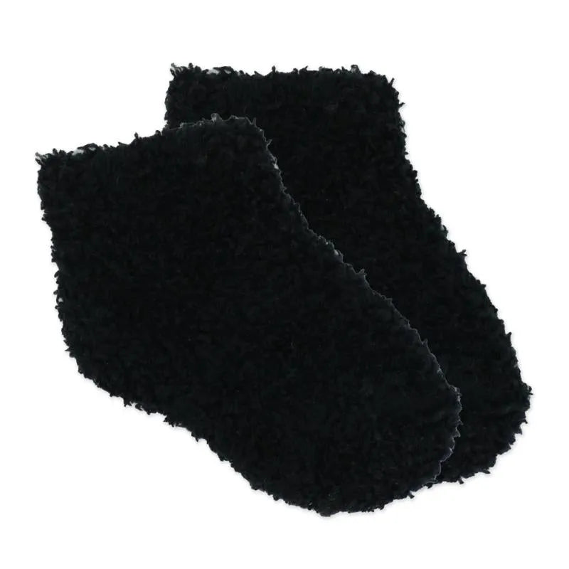 Black fluffy socks with a soft texture, featuring a simple design suitable for cozy wear.