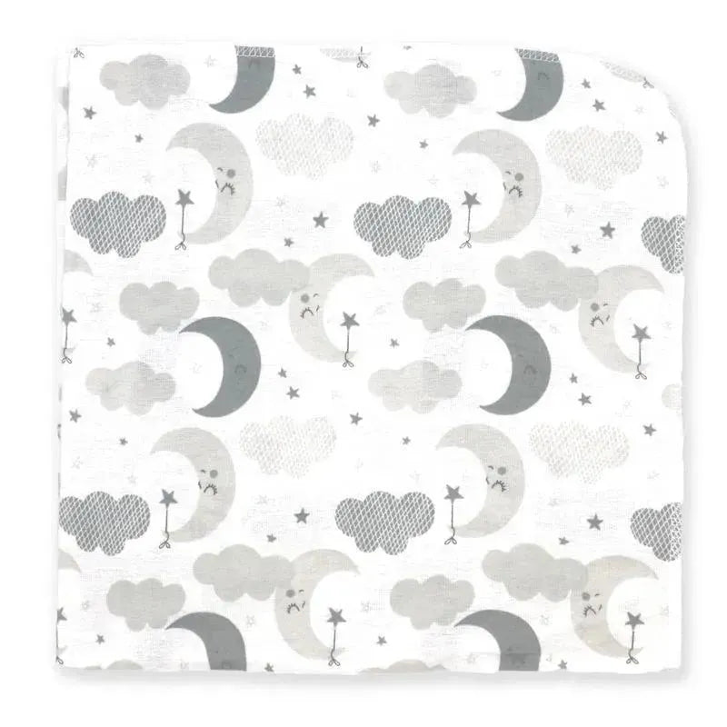 Grey receiving blanket featuring a whimsical pattern of moons, clouds, and stars, designed for infants.