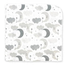 Grey receiving blanket featuring a whimsical pattern of moons, clouds, and stars, designed for infants.