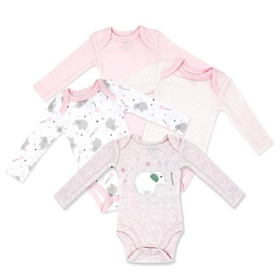 Four long sleeve baby bodysuits in pink, featuring elephant designs and soft patterns, ideal for baby girls.
