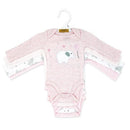 Pink long sleeve bodysuit featuring a white elephant with a balloon, part of a 4-pack set for baby girls.