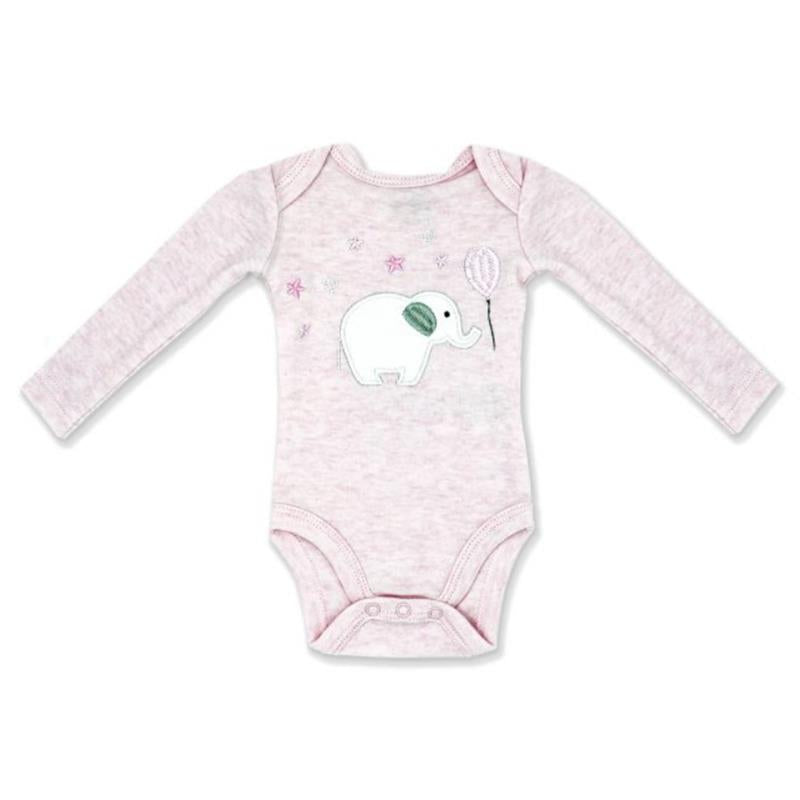 Long sleeve pink bodysuit for baby girls featuring an elephant graphic and balloon design.
