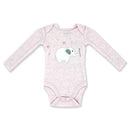 Long sleeve pink bodysuit for baby girls featuring an elephant graphic and balloon design.