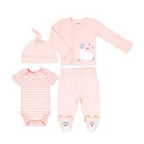 4-piece baby girl take-me-home set in pink featuring a llama design, includes a hat, long-sleeve shirt, striped bodysuit, and pants.