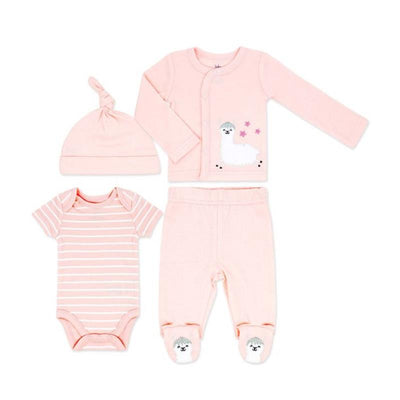 4-piece baby girl take-me-home set in pink featuring a llama design, includes a hat, long-sleeve shirt, striped bodysuit, and pants.