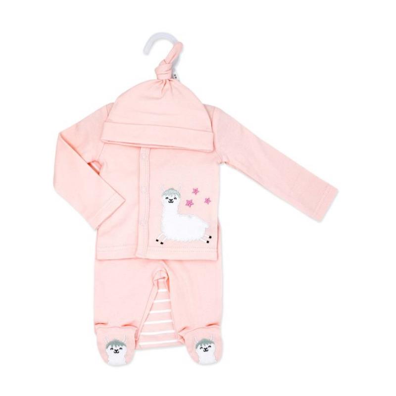 4-pack baby girl take-me-home set featuring a pink outfit with an embroidered llama and matching hat.