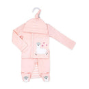 4-pack baby girl take-me-home set featuring a pink outfit with an embroidered llama and matching hat.