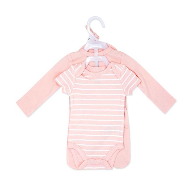 Four-piece baby girl set in pink, featuring a striped bodysuit and a long-sleeve onesie on hangers.