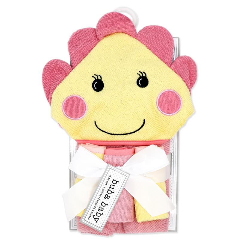 Baby hooded towel set featuring a yellow and pink smiling character design, packaged with a white ribbon.
