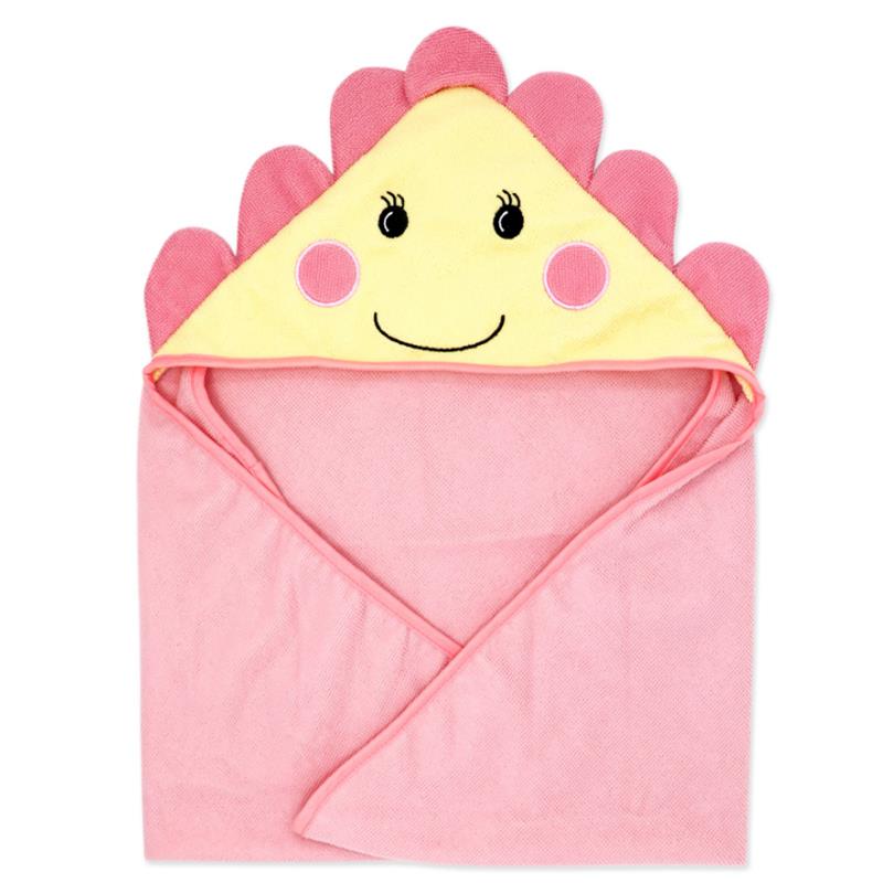 Hooded baby towel set featuring a smiling face and rose petal design, in soft pink and yellow colors.