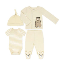 Tan bear themed 4-piece baby take-me-home set including a hat, striped bodysuit, top with bear print, and footed pants.