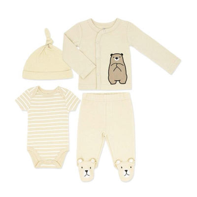 Tan bear themed 4-piece baby take-me-home set including a hat, striped bodysuit, top with bear print, and footed pants.