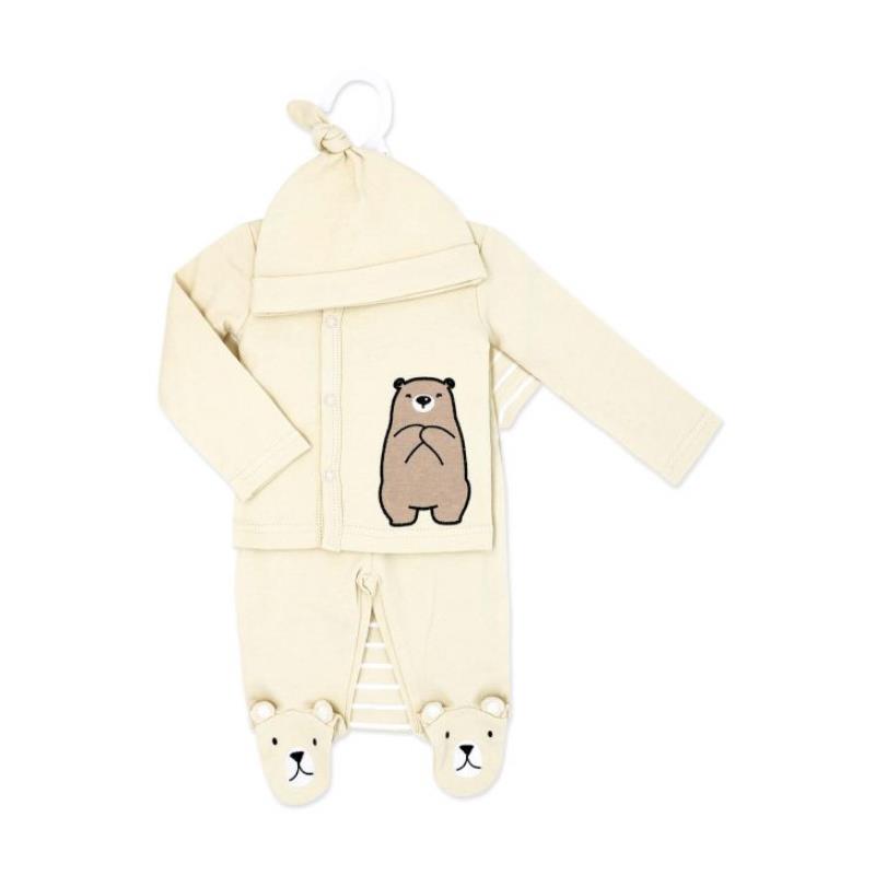 Tan bear-themed 4-pack baby take-me-home set including a button-up shirt and footed pants with bear face details.