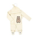 Tan bear-themed 4-pack baby take-me-home set including a button-up shirt and footed pants with bear face details.