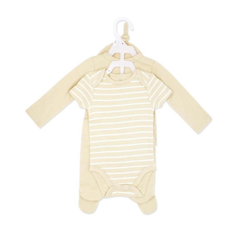 Neutral-colored 4-pack baby outfit set featuring a tan striped onesie and solid tan footed sleeper.