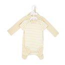 Neutral-colored 4-pack baby outfit set featuring a tan striped onesie and solid tan footed sleeper.
