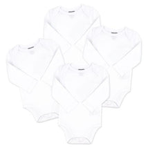Four white long sleeve bodysuits by Rose Textiles, featuring soft fabric and snap closures at the bottom.