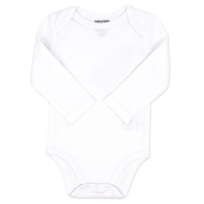 Long sleeve white bodysuit from Rose Textiles, featuring a round neck and snap closure at the bottom.