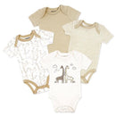 Four beige and white short sleeve bodysuits featuring animal prints, stripes, and giraffe designs.