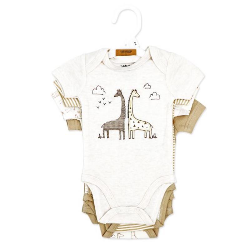 Beige short sleeve bodysuits featuring giraffe designs, part of the Rose Textiles 4Pk Naturelle collection.