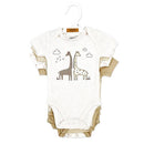 Beige short sleeve bodysuits featuring giraffe designs, part of the Rose Textiles 4Pk Naturelle collection.